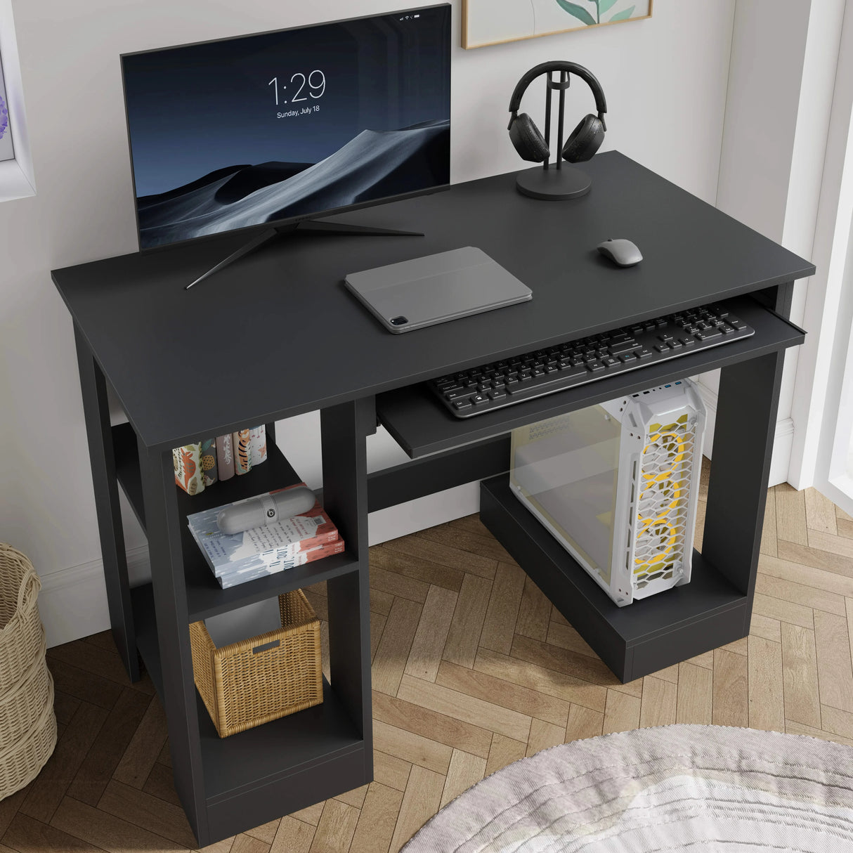 Home Office Computer Desk With Shelves For Working, Reading & Gaming in black finish, featuring a pull-out keyboard tray, monitor, and PC tower setup.