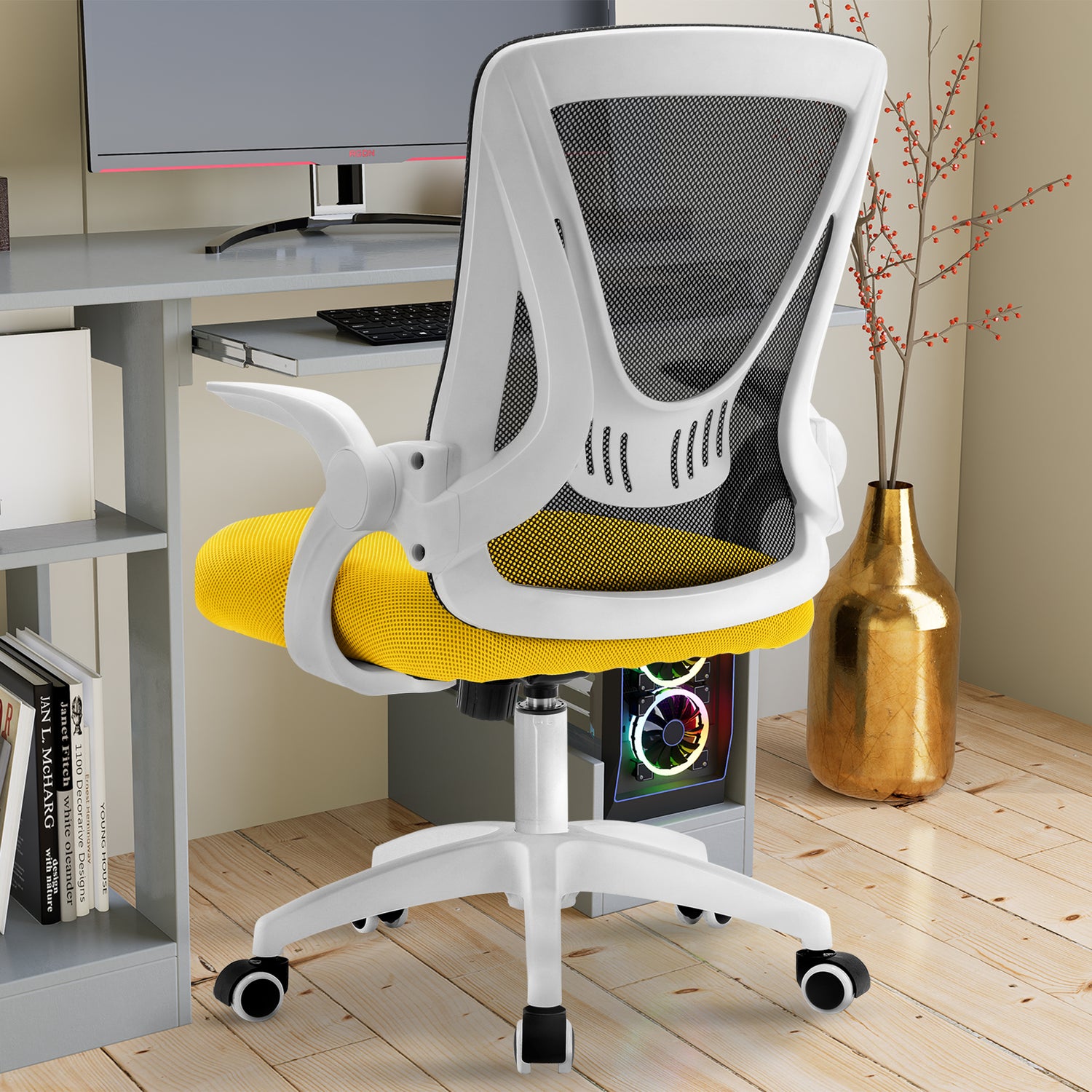 Black and yellow comfy desk chair with breathable mesh backrest, perfect for use at a workstation.