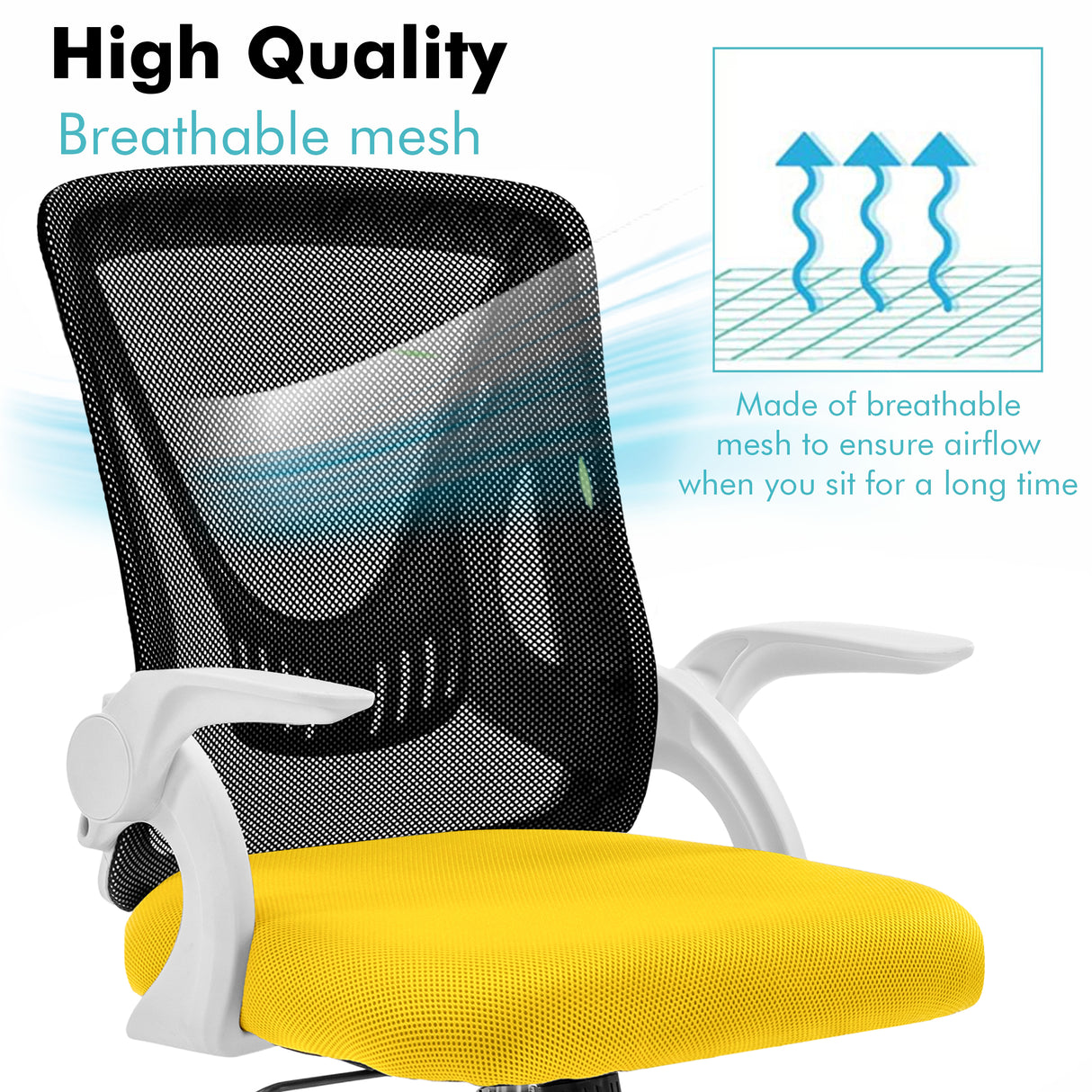 Black and yellow computer chair with breathable mesh backrest for comfort during long hours of sitting.