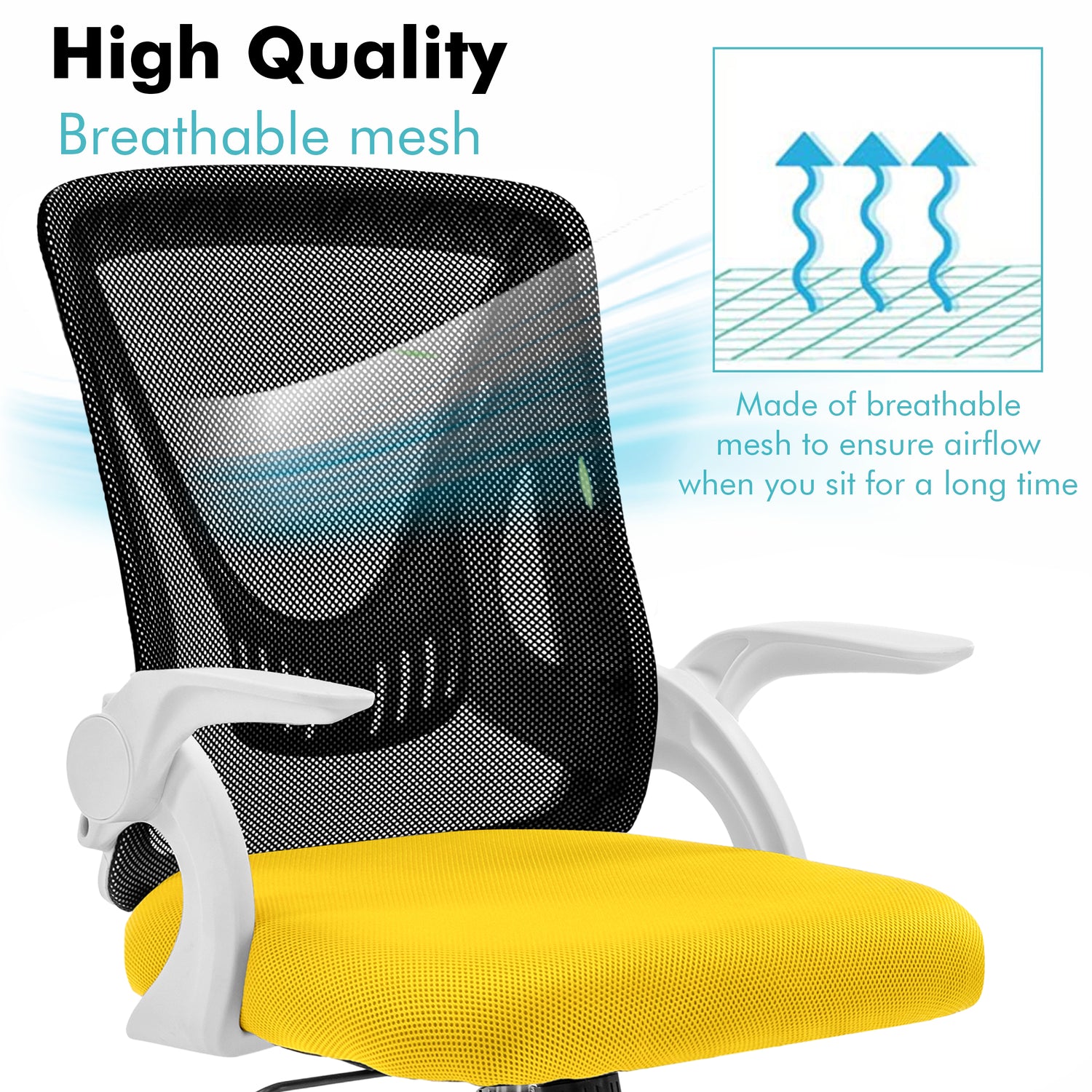 Black and yellow computer chair with breathable mesh backrest for comfort during long hours of sitting.