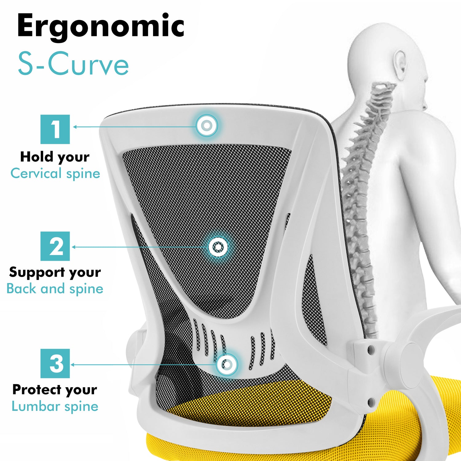 Black and yellow lumbar support chair with breathable mesh backrest to maintain healthy posture.