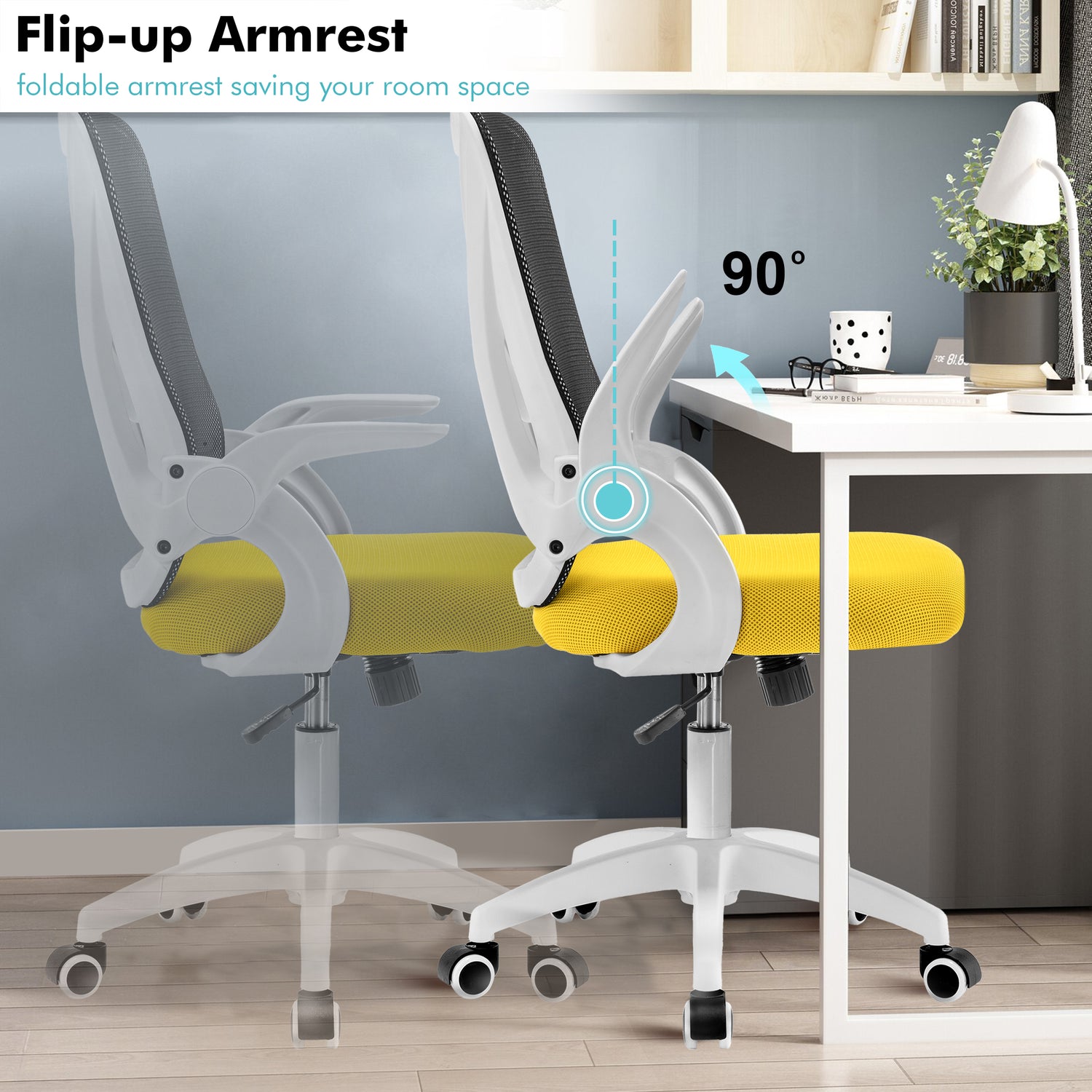 Black and yellow office chair with flip-up armrests, ideal for saving space in compact home office setups.