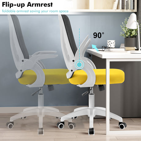Black and yellow office chair with flip-up armrests, ideal for saving space in compact home office setups.