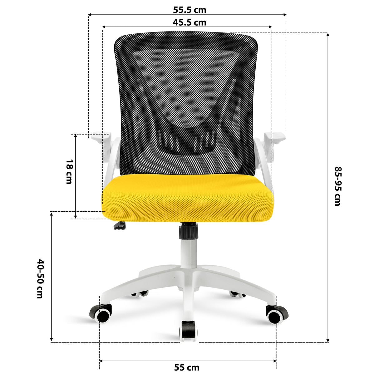 black+yellow ergonomic desk chair dimension: 45.5cm seat width, 55cm wheelbase, adjustable 85–95cm height & mesh backrest.