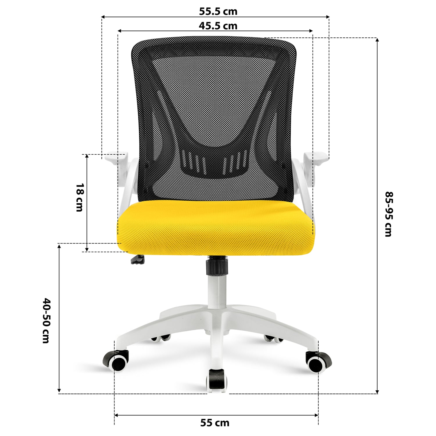 black+yellow ergonomic desk chair dimension: 45.5cm seat width, 55cm wheelbase, adjustable 85–95cm height & mesh backrest.