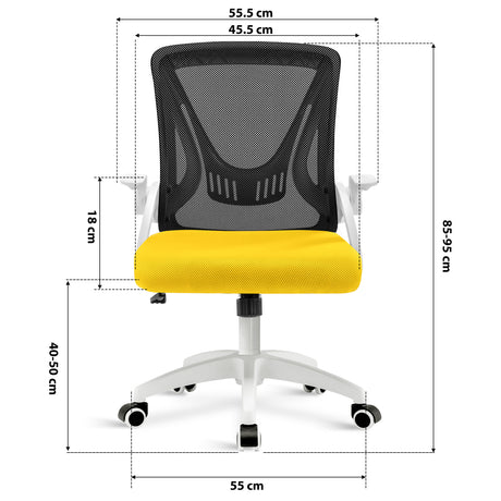 black+yellow ergonomic desk chair dimension: 45.5cm seat width, 55cm wheelbase, adjustable 85–95cm height & mesh backrest.