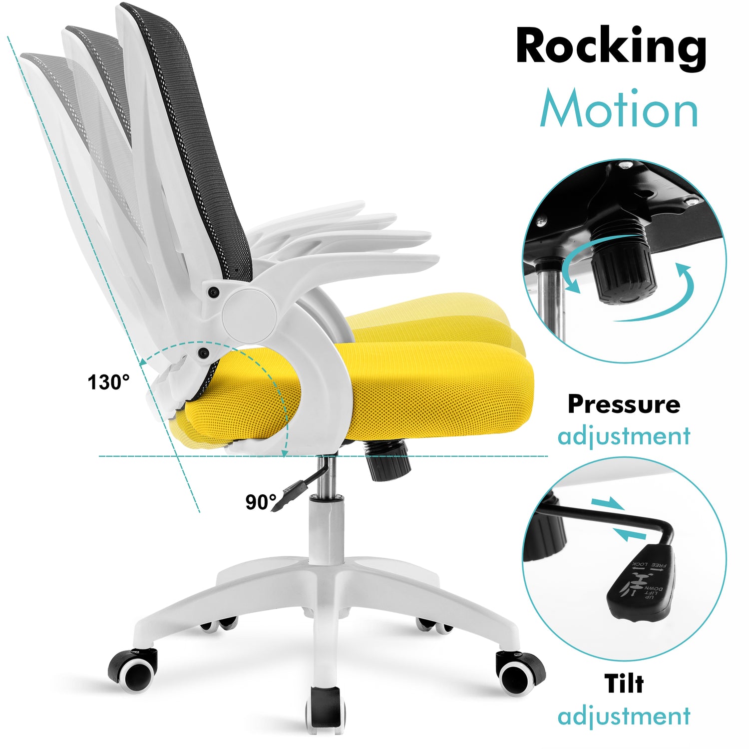 Black and yellow office chair with mesh backrest,  adjustable height, and tilt lockfor ergonomic seating.