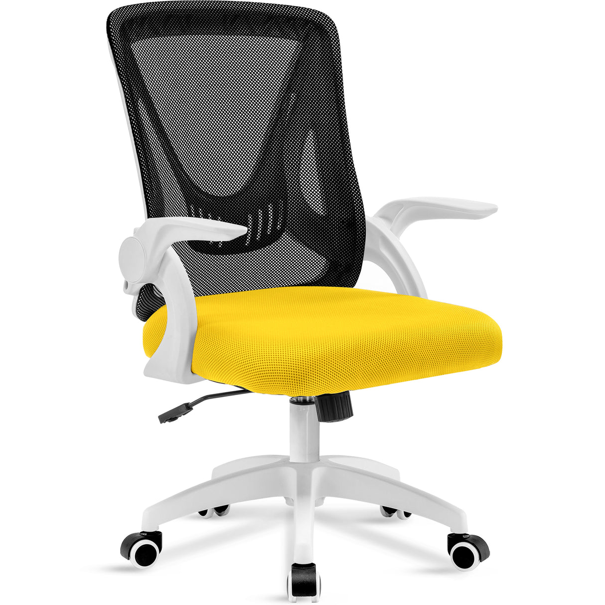 Black and yellow office chair with mesh backrest, adjustable height, and padded seat for ultimate comfort.