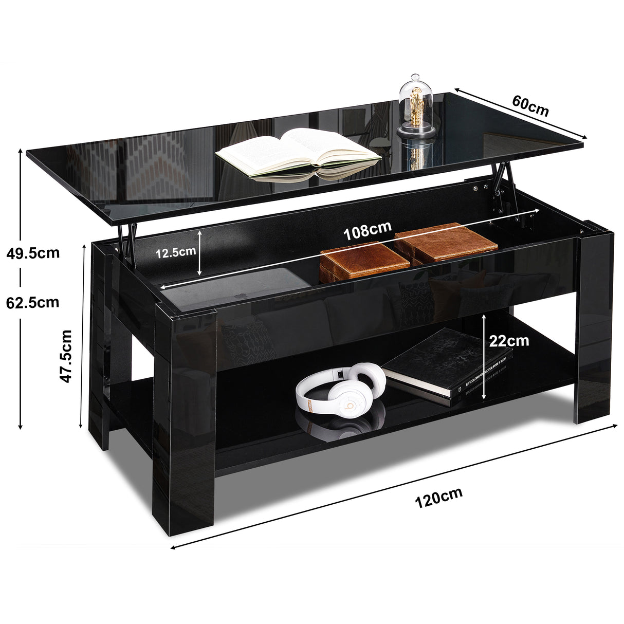 High gloss lift top coffee table with hidden storage shelf in black finish, featuring adjustable tabletop and lower open shelf for modern living rooms.