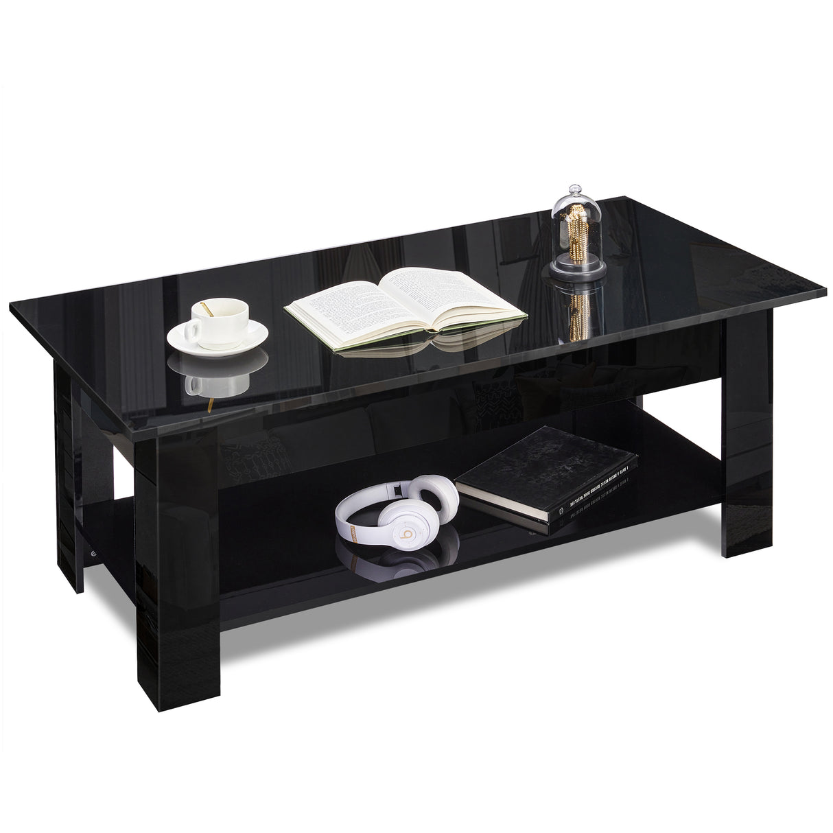 High gloss lift top coffee table with hidden storage shelf in black finish, featuring a sleek modern design ideal for contemporary UK living rooms.