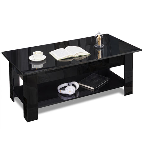 High gloss lift top coffee table with hidden storage shelf in black finish, featuring a sleek modern design ideal for contemporary UK living rooms.