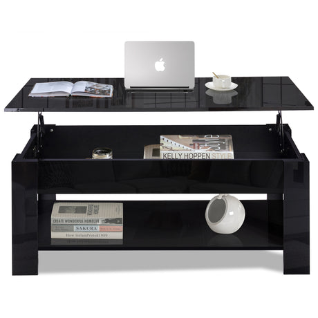 High gloss lift top coffee table with hidden storage shelf in black finish, featuring a raised tabletop for workspace and lower shelf for decor items.