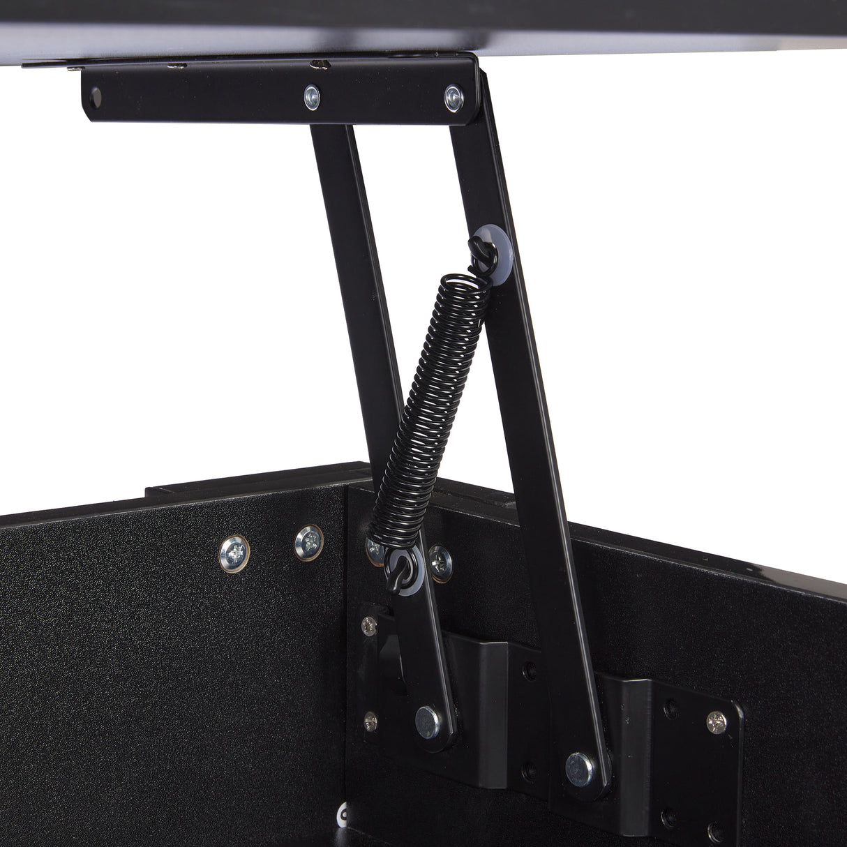 Close-up of lift mechanism on high gloss lift top coffee table with hidden storage shelf. Features black metal spring hinge for adjustable tabletop.