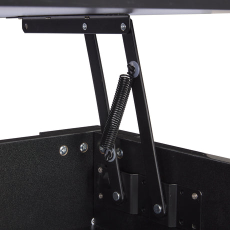 Close-up of lift mechanism on high gloss lift top coffee table with hidden storage shelf. Features black metal spring hinge for adjustable tabletop.