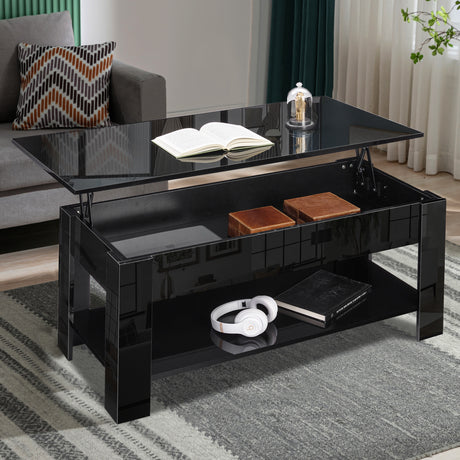 High gloss lift top coffee table with hidden storage shelf in black finish, featuring adjustable tabletop and lower shelf for modern living rooms UK.