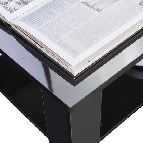 High Gloss Lift Top Coffee Table With Hidden Storage Shelf featuring a sleek black finish and open book on top, ideal for modern living rooms.