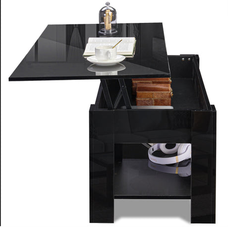 High gloss lift top coffee table with hidden storage shelf in black finish, featuring adjustable tabletop and lower shelf for modern living rooms UK.