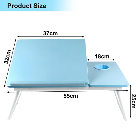 blue foldable laptop table dimension of L 55 x W 32 x H 25cm with a 37cm adjustable lift section and built-in cup holder
