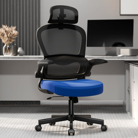 Blue and black executive chair with ergonomic mesh back, adjustable headrest, and swivel base.
