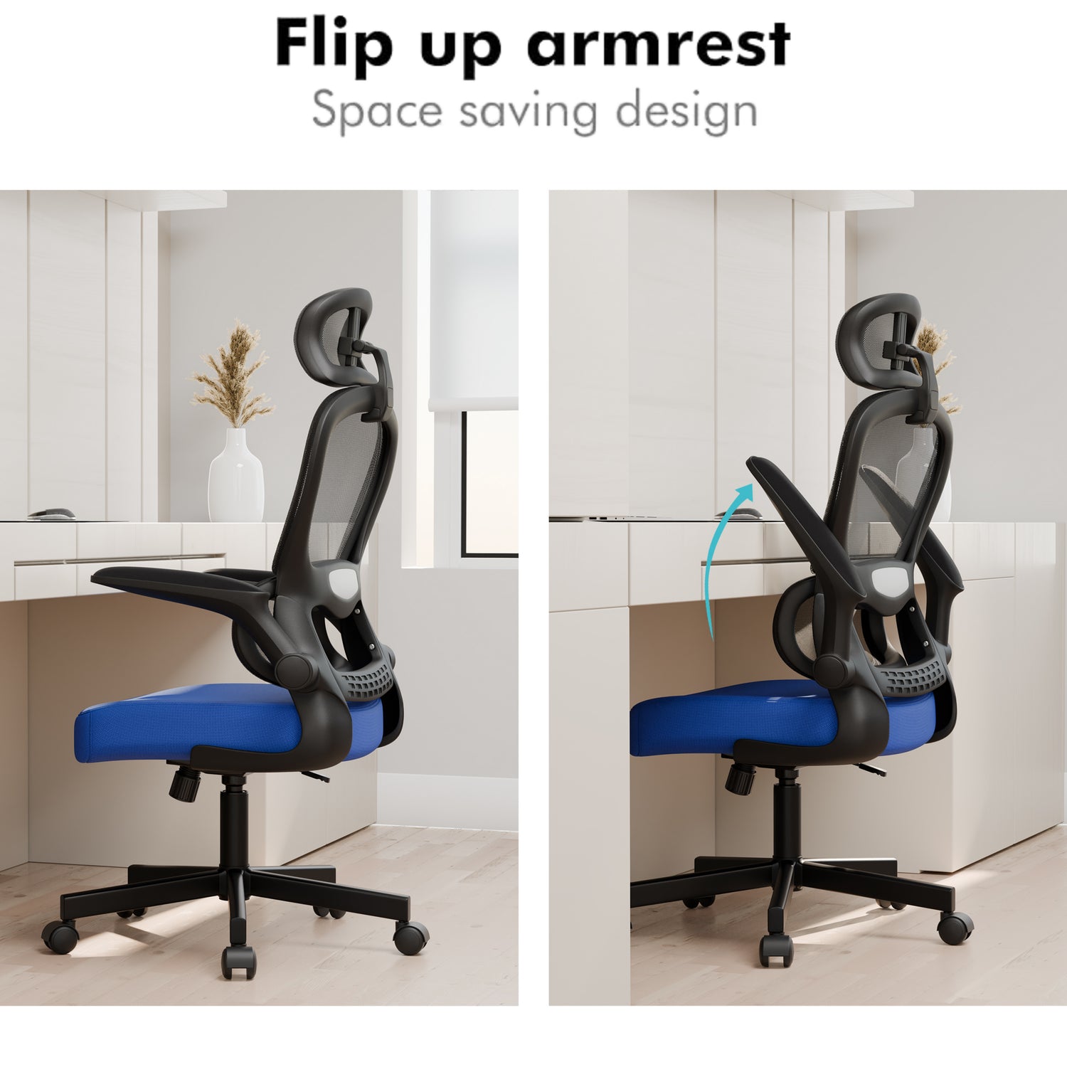Blue and black office chair with back support showing adjustable armrests and headrest.