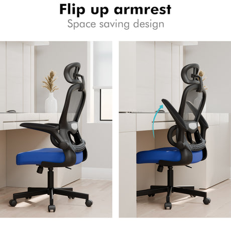 Blue and black office chair with back support showing adjustable armrests and headrest.