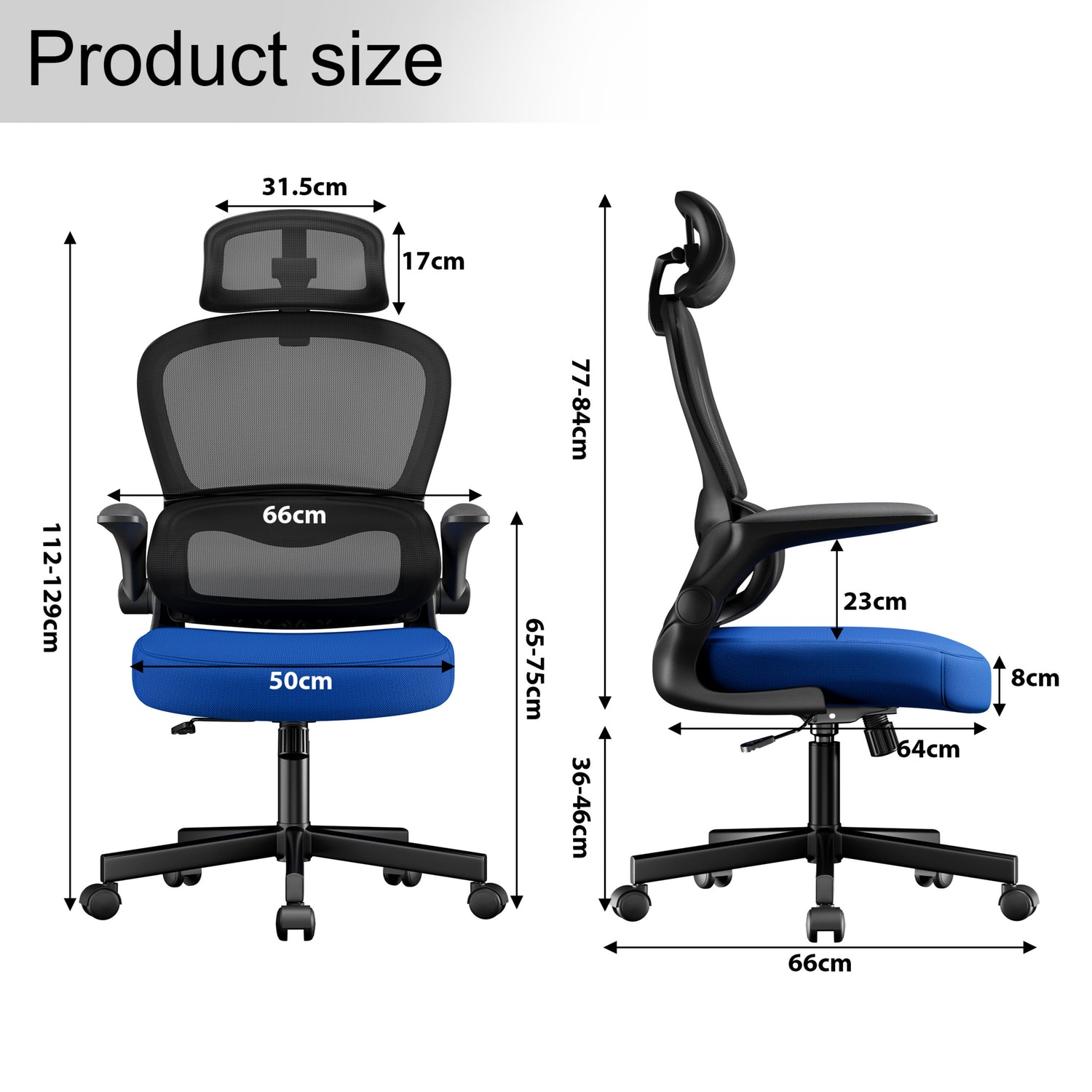 Blue and black height adjustable chair with smooth gas liftseat width 50 cm, depth 64 cm, and height  112-129 cm.