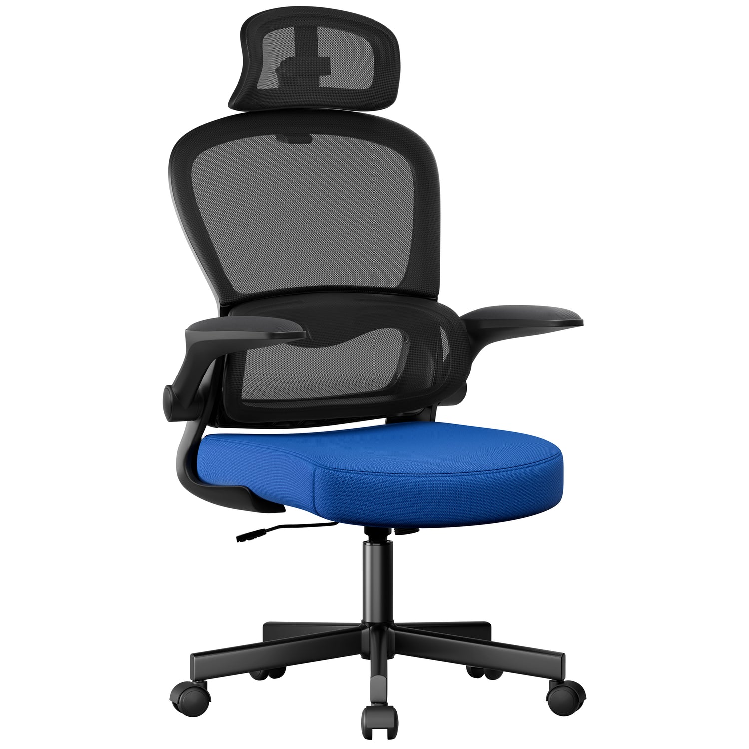 Front view of blue and black high back chairs featuring padded seat and mesh breathable back.