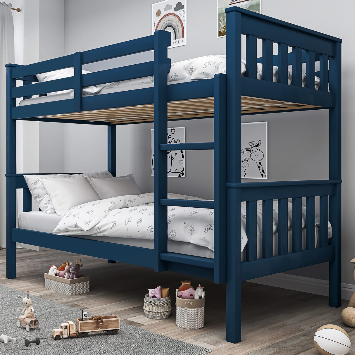 Blue children's double bunk bed shown in clean bedroom with matching bedding and playful accessories