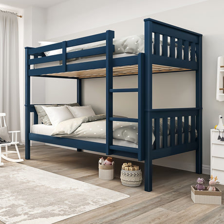 Blue double bunk bed frame in full view, suitable for kids’ rooms with sturdy ladder and guardrails