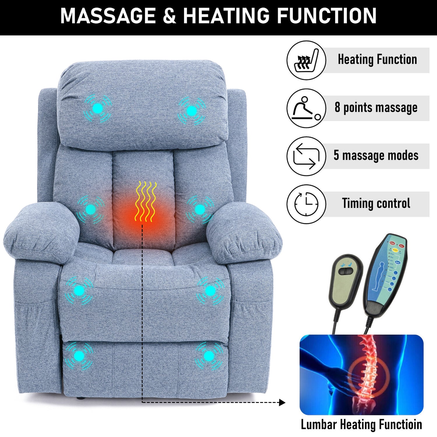 Blue electric recliner chair fully reclined with integrated footrest for ultimate comfort.