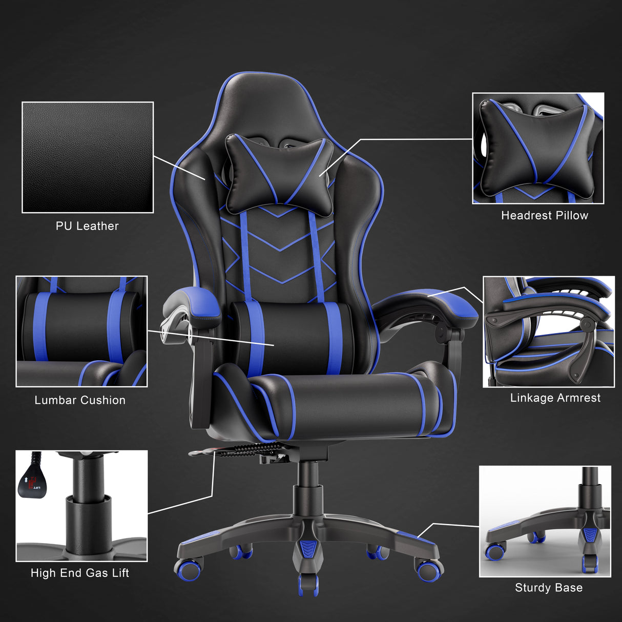Ergonomic Gaming Chair With Lumbar Support and Padded Armrest | DHS featuring PU leather, headrest pillow, lumbar cushion, and sturdy base for comfort.