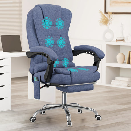 soft blue linen work chair with reclined back and ergonomic seat, perfect for home offices with modern decor