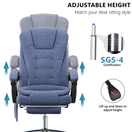 this blue linen vibrating desk chair includes seat movement graphics with close-up of certified piston and knob mechanism