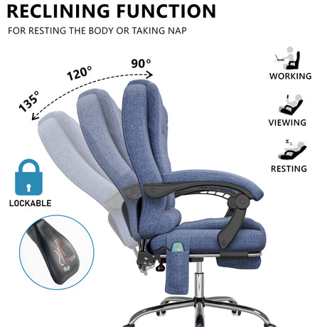 this reclining massage chair in blue linen demonstrates adjustable back tilt with control knob highlighted in the inset