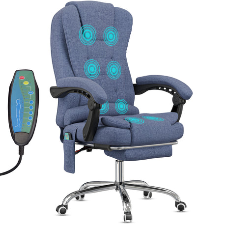 shown in blue linen, this 8 point massage office chair delivers full-body massage functions with modern aesthetics
