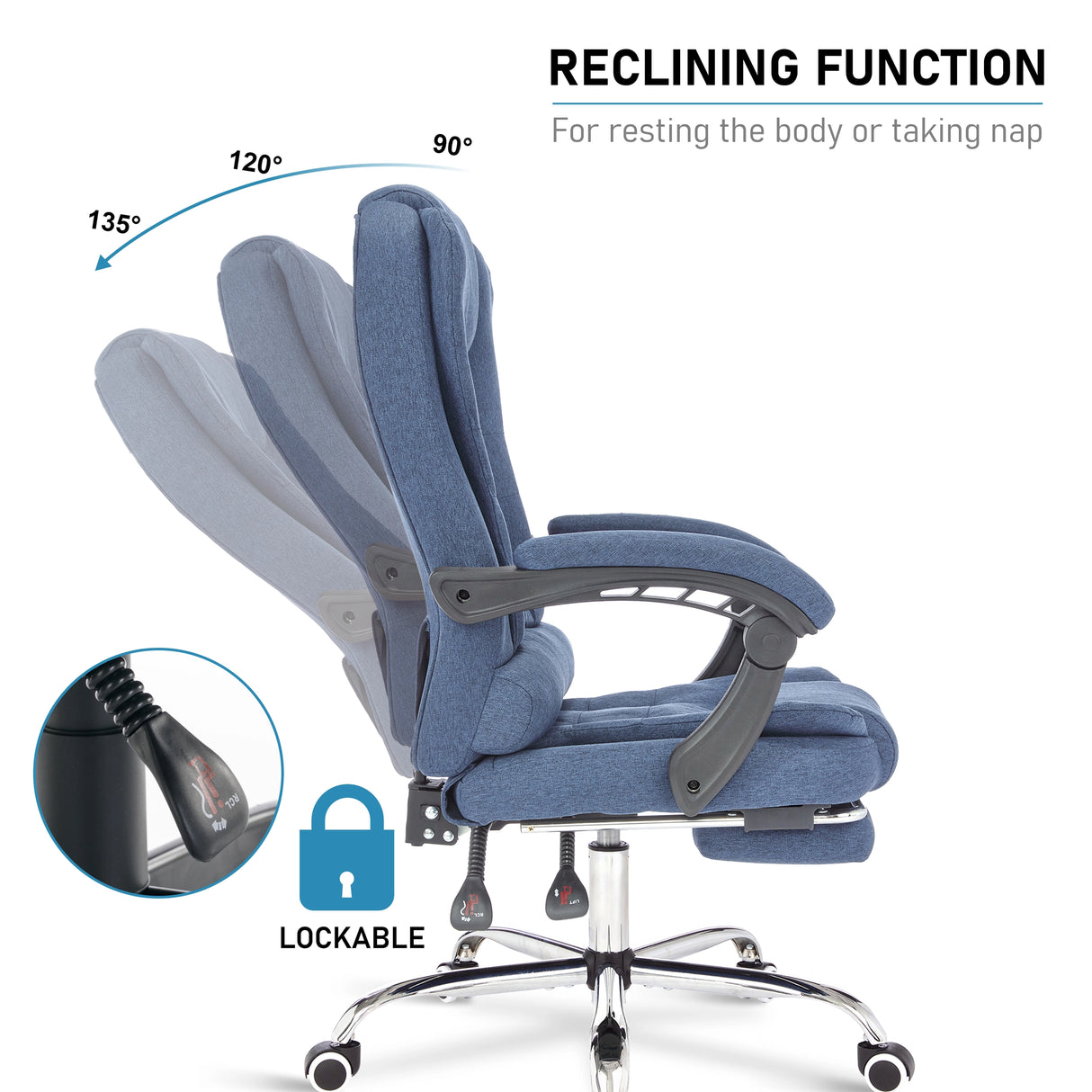 reclining angle from 90° to 135° shown on blue linen padded office chair for ultimate comfort.