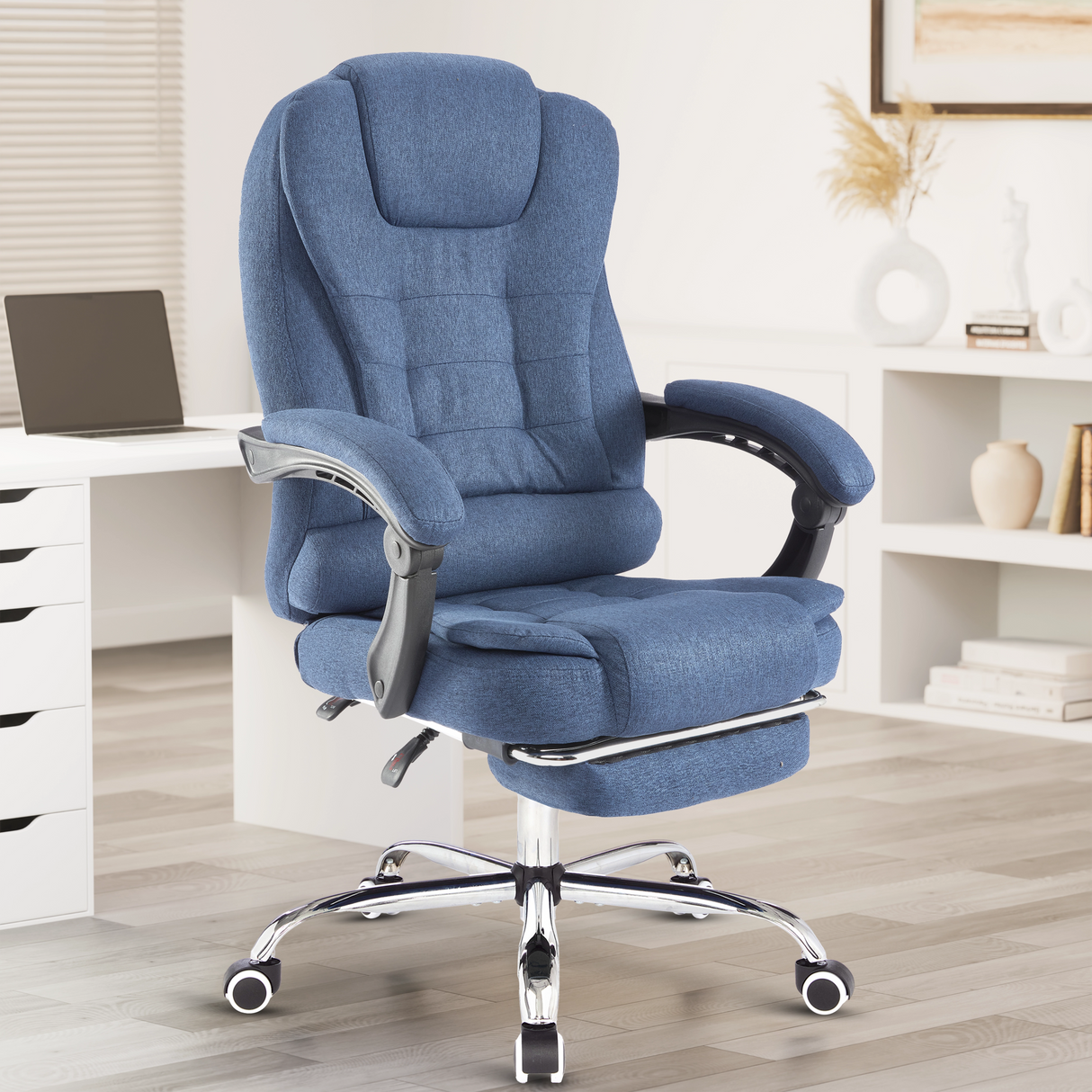 Blue linen comfortable desk chair shown front view, designed for all-day ergonomic support.
