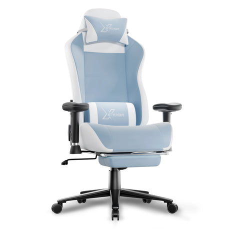 Blue and white office chair with Z-Tech branding on a white background