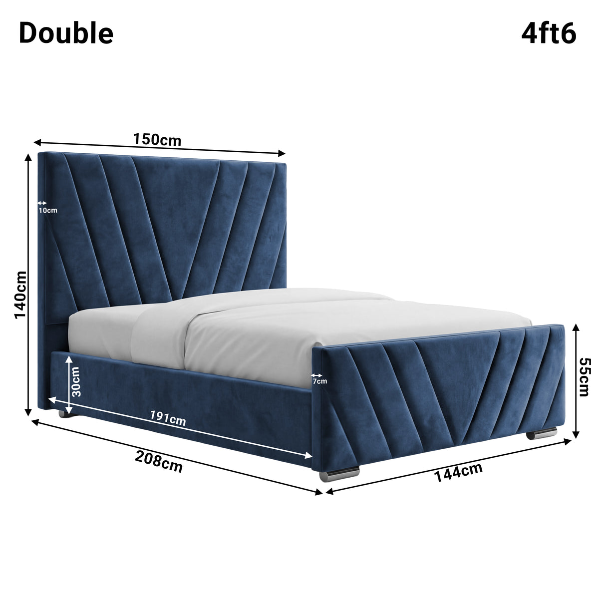 Detailed dimensions of the blue velvet ottoman double bed, highlighting height 140 cm, width 150 cm and length 208 cm