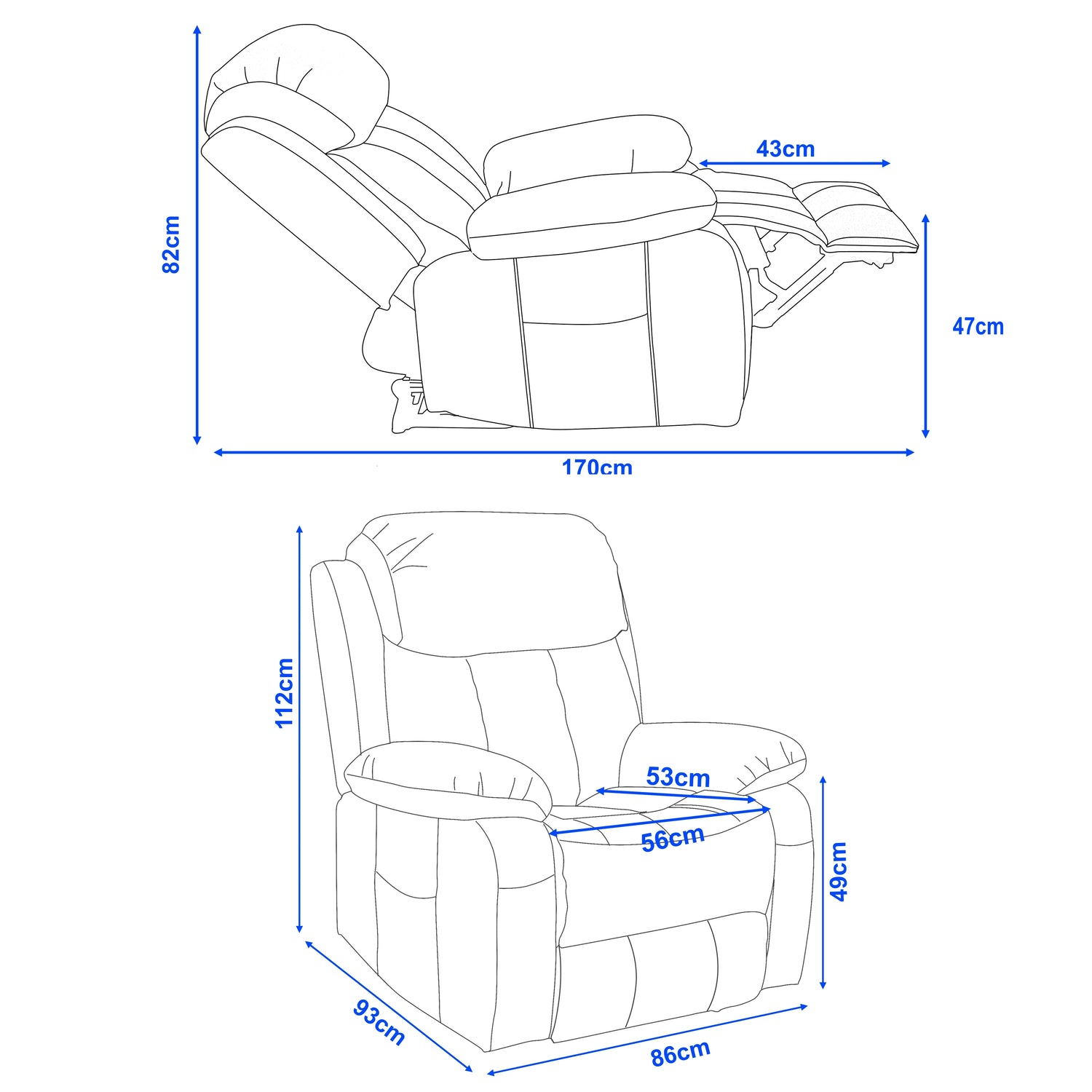 Dimensions of a recliner chair shown with blue lines and measurements on a white background