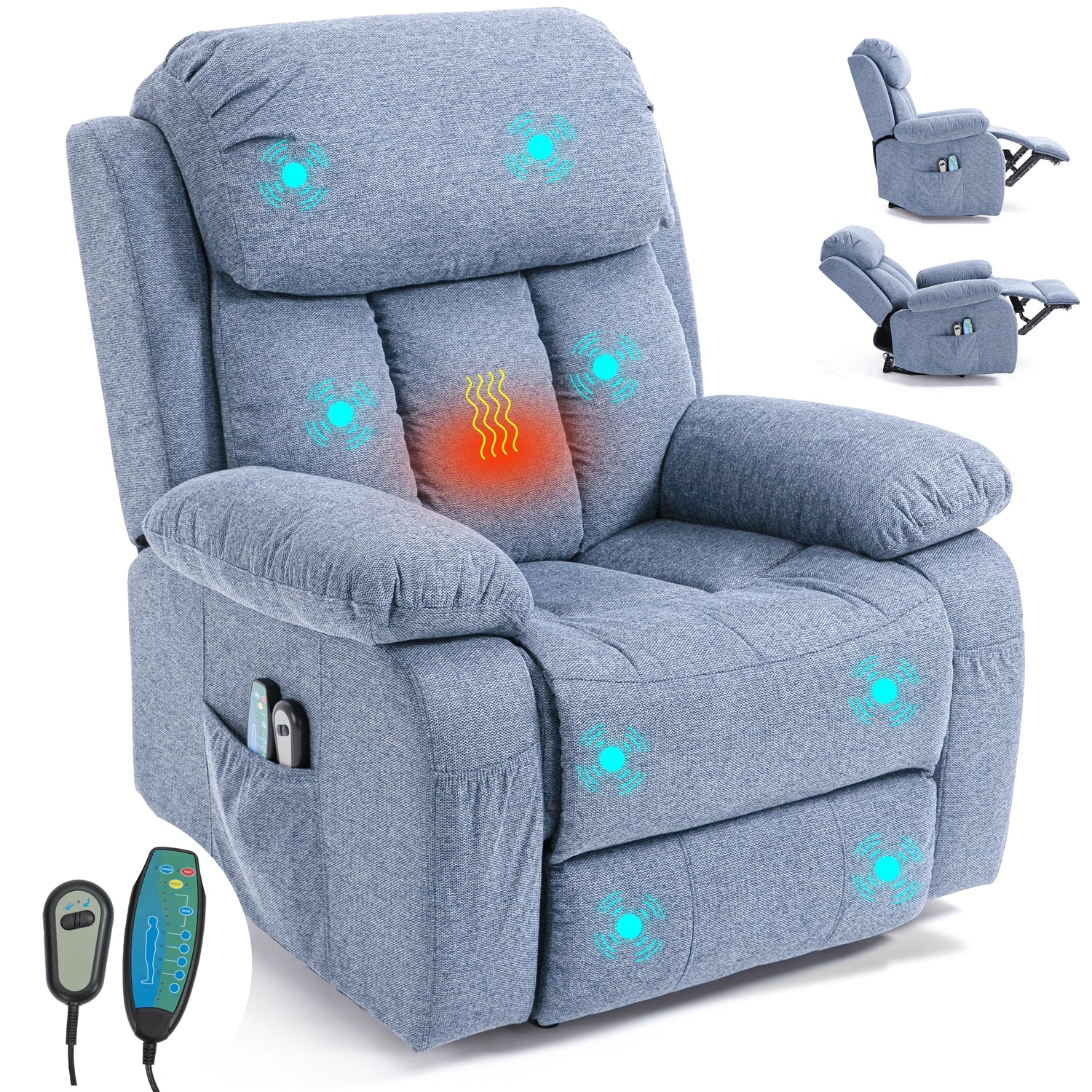 Blue fabric massage recliner chair with heat, and 8 point massage functions for added comfort