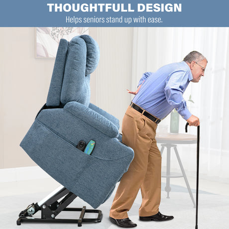 Light blue fabric recliner chair demonstrating riser lift function for standing assistance.