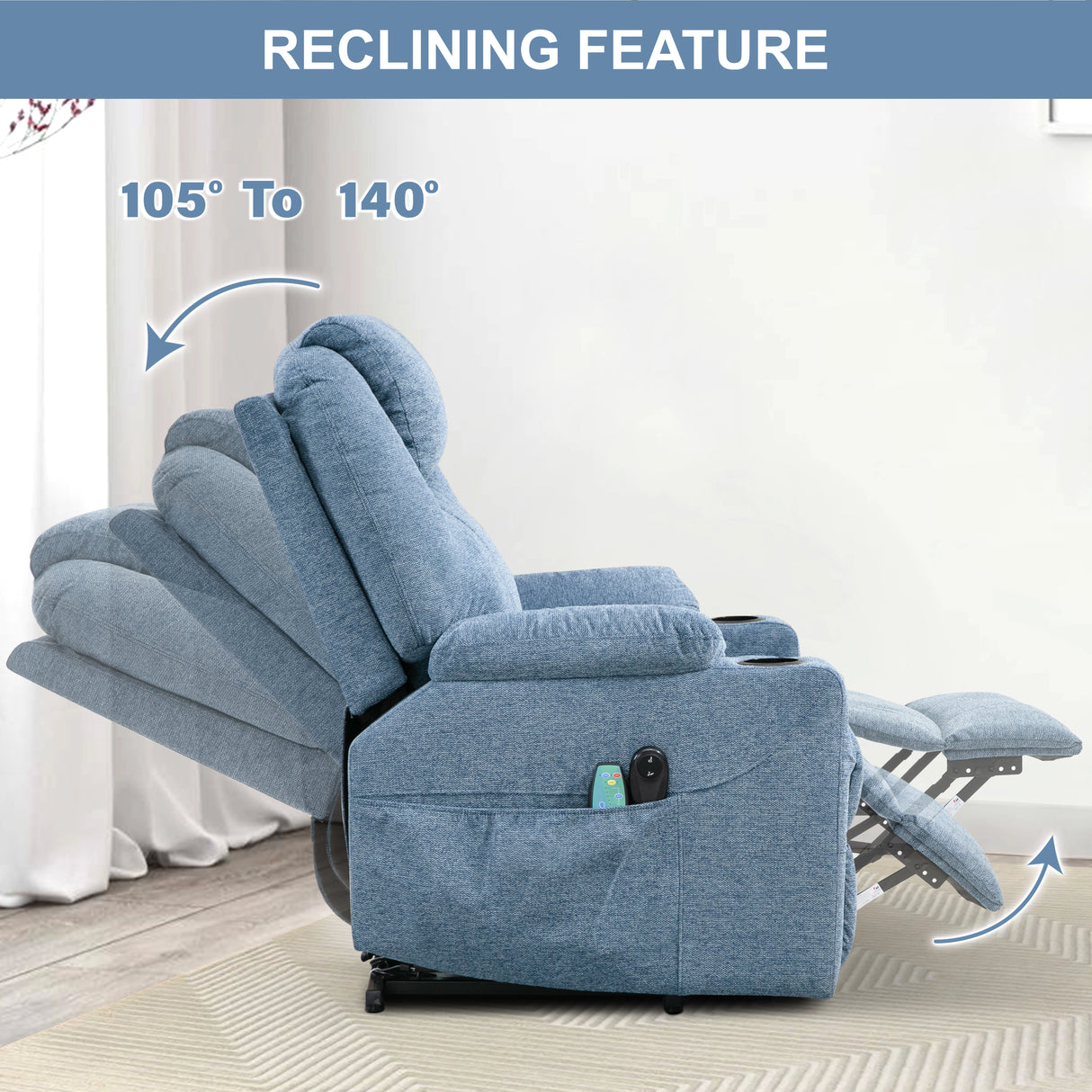 Side view of light blue electric armchair armrest, showing integrated footrest at different recline angles.