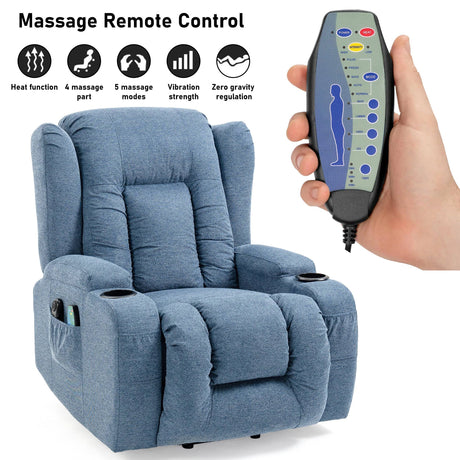 Blue fabric stand up recliner chair in a normal position showing remote and its functionality