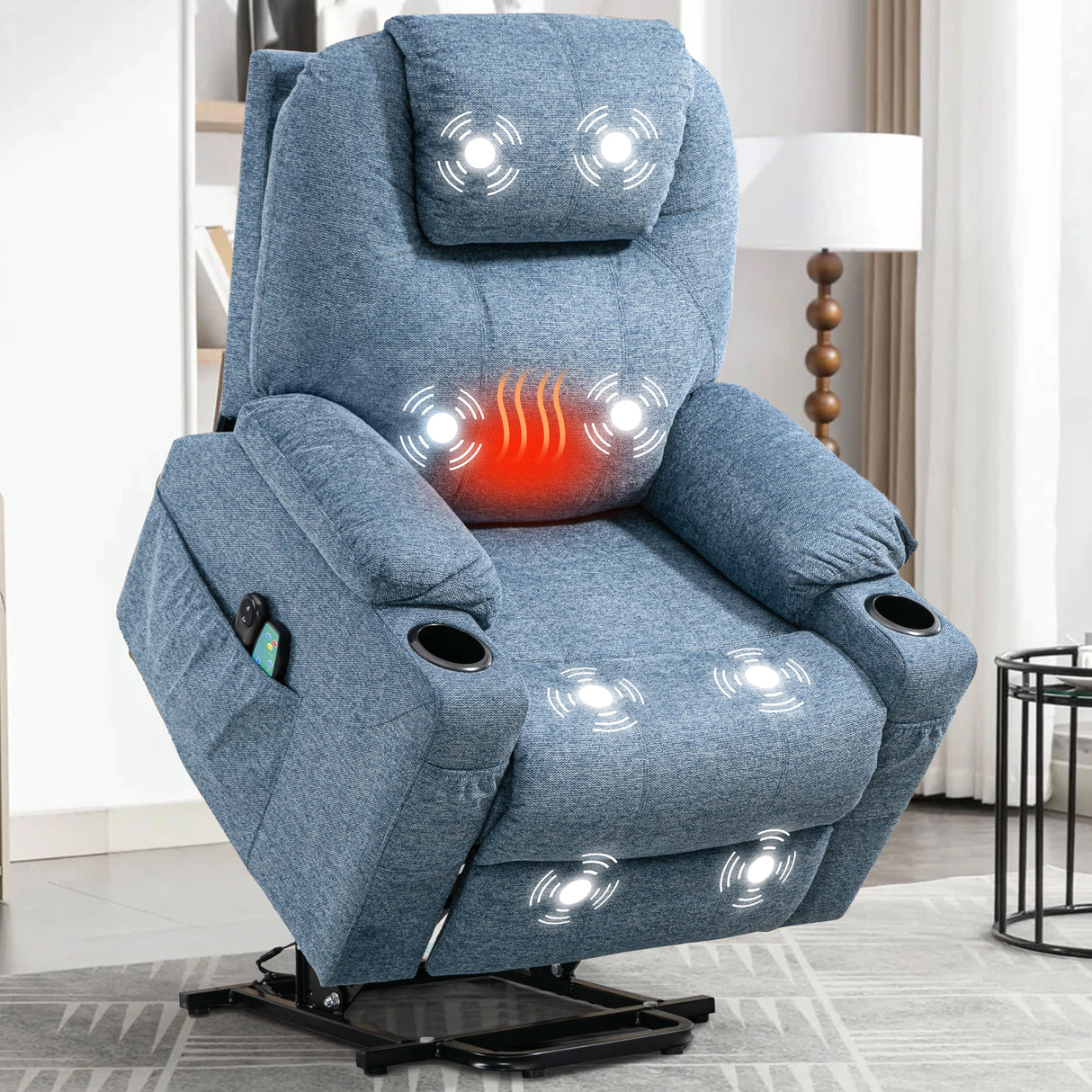 Light blue electric riser recliner armchair highlighting heat, massage, cup holder, and remote functions.