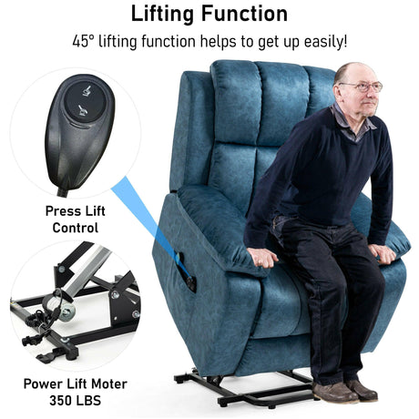 Elderly man using lift assist function of blue velvet recliner chair, demonstrating 45° power lift for easy standing support.