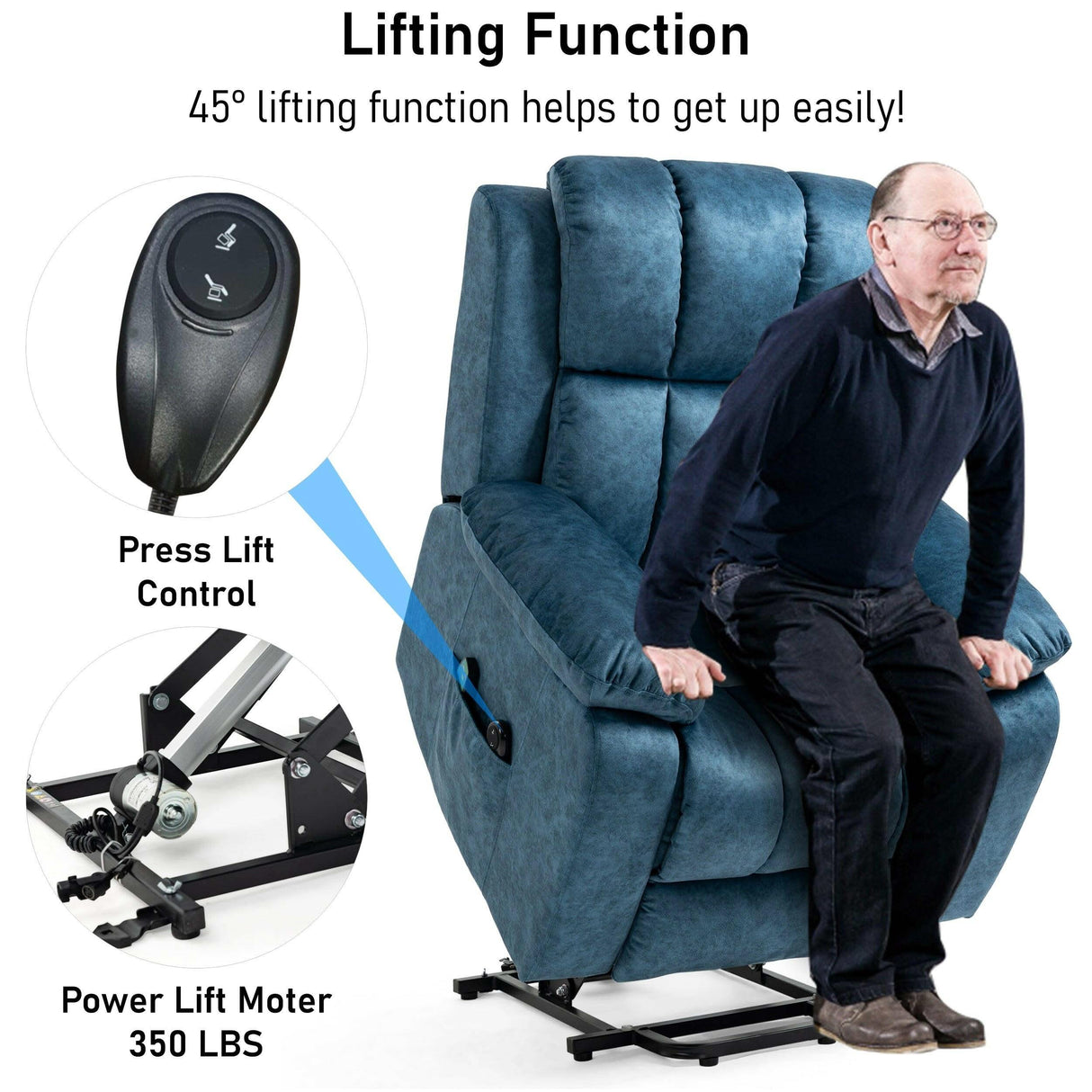 Elderly man using lift assist function of blue velvet recliner chair, demonstrating 45° power lift for easy standing support.