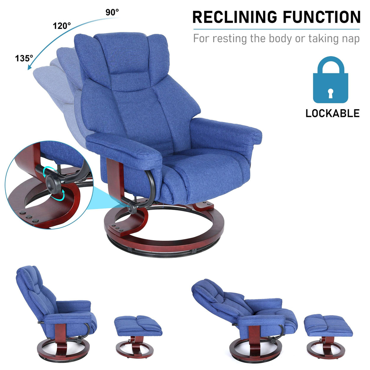 Reclining dark blue Recliner Swivel Armchair With Footstool | Lounge Chair with lockable tilt function for customized lounging experience.