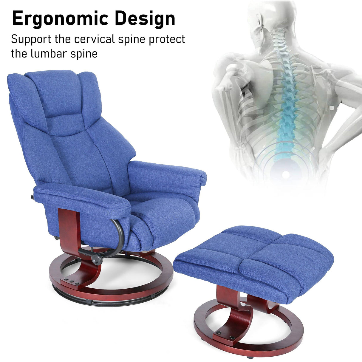 Ergonomic dark blue Recliner Swivel Armchair With Footstool | Lounge Chair designed to support lumbar and cervical spine for daily comfort.