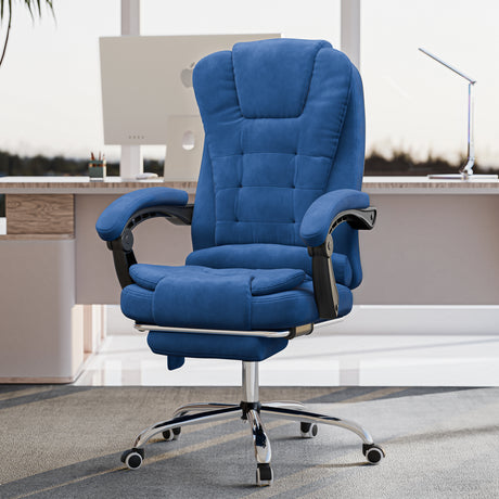 blue velvet office chair styled in a bright home office, adding elegance and comfort to your workspace